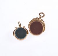 TWO 9 CT ROSE GOLD SWIVEL FOBS SET WITH BLOODSTONES at Ross's Online Art Auctions