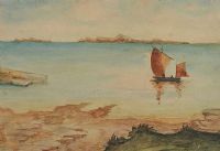 SAILING BOAT AT THE MOUTH OF THE HARBOUR by William Percy French at Ross's Online Art Auctions