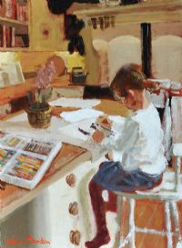 GIRL DRAWING IN THE KITCHEN by Rowland Davidson at Ross's Online Art Auctions