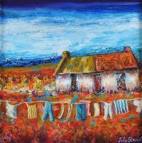 THE COTTAGE CLOTHES LINE by John Stewart at Ross's Online Art Auctions
