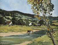 CATTLE WATERING, GLENDUN by Hugh McIlfatrick at Ross's Online Art Auctions