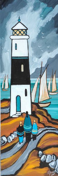SAIL BOATS BY THE LIGHTHOUSE by J.P. Rooney at Ross's Online Art Auctions