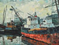 COAL BOATS AT THE DOCKS by John Wallace at Ross's Online Art Auctions