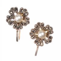 METAL MARCASITE AND PEARL FLORAL EARRINGS at Ross's Online Art Auctions