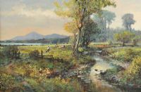CATTLE GRAZING BY THE RIVER by William Cunningham at Ross's Online Art Auctions