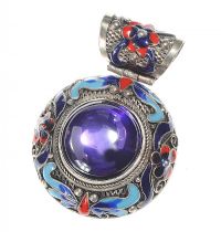 SILVER AND ENAMEL CLOISONN PENDANT SET WITH PURPLE GLASS at Ross's Online Art Auctions
