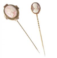 A PAIR OF ROLLED GOLD STICK PINS SET WITH CAMEO at Ross's Online Art Auctions