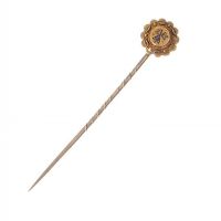 ENGRAVED 15CT GOLD STICK PIN SET WITH A SAPPHIRE AND TWO DIAMONDS at Ross's Online Art Auctions
