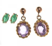 TWO PAIRS OF 9CT GOLD EARRINGS; AMETHYST DROPS AND EMERALD STUDS at Ross's Online Art Auctions