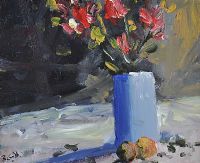 RED BLOSSOMS IN A BLUE VASE by Rachel Grainger Hunt at Ross's Online Art Auctions
