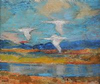 SWANS OVER WETLANDS by William Gault at Ross's Online Art Auctions