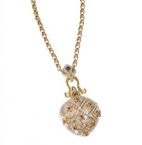 18CT GOLD PERFUME BOTTLE WITH MOTHER-OF-PEARL AND GEMSTONES ON AN 18CT GOLD CHAIN at Ross's Online Art Auctions