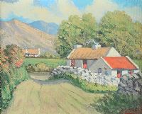 THATCHED COTTAGE BY THE ROAD by J.J. O'Neill at Ross's Online Art Auctions