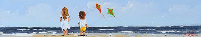 BOY & A GIRL FLYING KITES by Michelle Carlin at Ross's Online Art Auctions