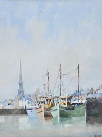 FISHING BOATS IN A HARBOUR by I. Russell at Ross's Online Art Auctions