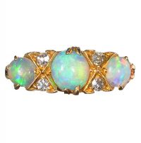 ANTIQUE 18CT GOLD THREE STONE OPAL AND DIAMOND RING at Ross's Online Art Auctions