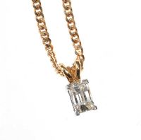 18CT GOLD SOLITAIRE EMERALD-CUT DIAMOND PENDANT WITH A 9CT GOLD CHAIN at Ross's Online Art Auctions