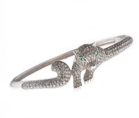 STERLING SILVER PANTHER BANGLE WITH GEM-SET EYES AND  CUBIC ZIRCONIA at Ross's Online Art Auctions