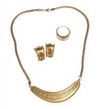 18CT GOLD GREEK KEY NECKLACE, EARRINGS AND RING SUITE FROM JEWELLER DAMAS at Ross's Online Art Auctions