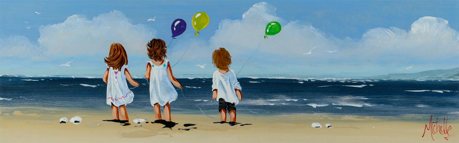 FLYING BALLOONS ON THE BEACH by Michelle Carlin at Ross's Online Art Auctions