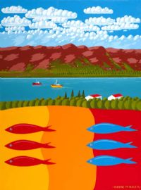 THREE RED FISH AND THREE BLUE FISH by Eugene McGuile at Ross's Online Art Auctions