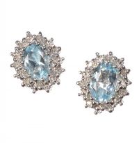 9CT WHITE GOLD AQUAMARINE AND DIAMOND CLUSTER EARRINGS at Ross's Online Art Auctions