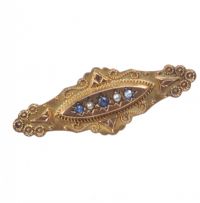 9CT GOLD SAPPHIRE AND SEED PEARL BROOCH at Ross's Online Art Auctions