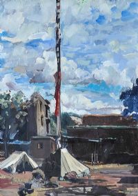 TENT & PRAYER FLAG POLE by Hector McDonnell RUA at Ross's Online Art Auctions