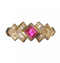 18CT GOLD RUBY AND DIAMOND GEOMETRIC RING at Ross's Online Art Auctions