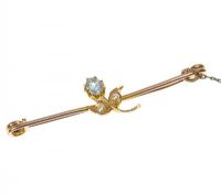 9CT GOLD BLUE TOPAZ AND SEED PEARL BAR BROOCH at Ross's Online Art Auctions