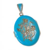 ENGRAVED METAL TURQUOISE ENAMEL AND SEED PEARL LOCKET at Ross's Online Art Auctions