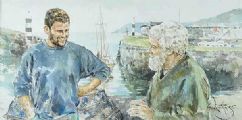 CONVERSATION, CARNLOUGH HARBOUR by Gordon King at Ross's Online Art Auctions