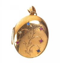 VICTORIAN 9CT GOLD RUBY, SAPPHIRE AND DIAMOND LOCKET at Ross's Online Art Auctions