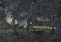 FARM BUILDINGS THROUGH THE TREES by J. Kerrigan at Ross's Online Art Auctions