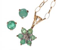 9CT GOLD EMERALD AND DIAMOND PENDANT AND CHAIN AND EARRINGS SUITE at Ross's Online Art Auctions