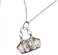 9CT WHITE GOLD AND ENAMEL HANDBAG PENDANT AND CHAIN at Ross's Online Art Auctions