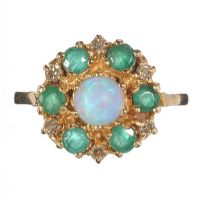 18CT GOLD FIRE OPAL, EMERALD AND DIAMOND CLUSTER RING at Ross's Online Art Auctions