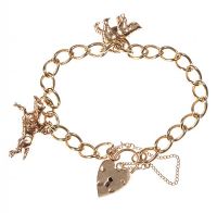 9CT GOLD CURB LINK CHARM BRACELET WITH HEART-SHAPED PADLOCK CLASP at Ross's Online Art Auctions
