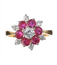 18CT GOLD RUBY AND DIAMOND CLUSTER RING at Ross's Online Art Auctions
