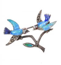 STERLING SILVER ENAMEL, MARCASITE AND RED STONE BROOCH at Ross's Online Art Auctions