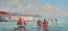 RED SAILS, ANTRIM COAST by William Cunningham at Ross's Online Art Auctions