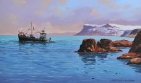 FISHING OFF FAIRHEAD IN WINTER by Gregory Moore at Ross's Online Art Auctions