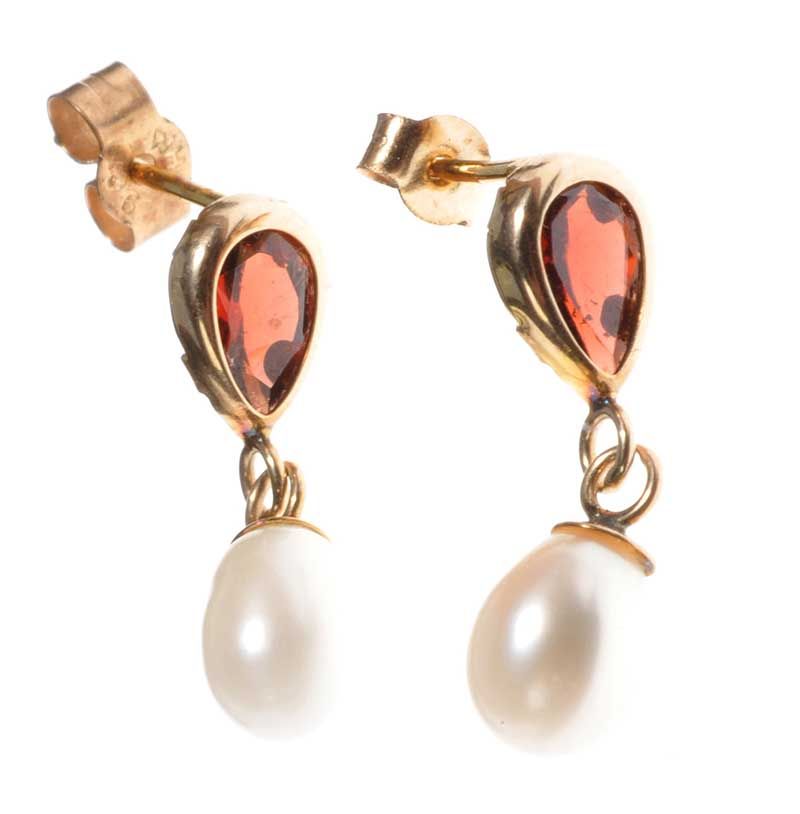 9ct Gold Garnet And Pearl Drop Earrings