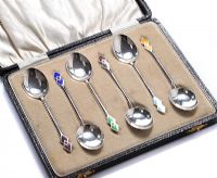 SET OF SIX STERLING SILVER SPOONS WITH GUILLOCHE ENAMEL HANDLES at Ross's Online Art Auctions