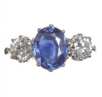 PLATINUM SAPPHIRE AND DIAMOND THREE STONE RING at Ross's Online Art Auctions