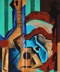 CUBIST STILL LIFE, GUITAR ON KITCHEN CHAIR by Gerald G. Beattie at Ross's Online Art Auctions