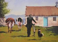 COWS BY THE COTTAGE by Gregory Moore at Ross's Online Art Auctions