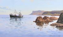 FISHING OFF FAIRHEAD, BALLYCASTLE by Gregory Moore at Ross's Online Art Auctions
