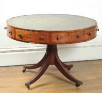 GEORGIAN MAHOGANY DRUM TABLE WITH TOOLED LEATHER TOP AND FOUR SPLAYED LEGS WITH BRASS TOES & CASTORS at Ross's Online Art Auctions