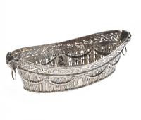 PIERCED SILVER OVAL BOAT SHAPED DISH WITH RAM HEADS & OPEN RINGS, SHEFFIELD 1899 at Ross's Online Art Auctions